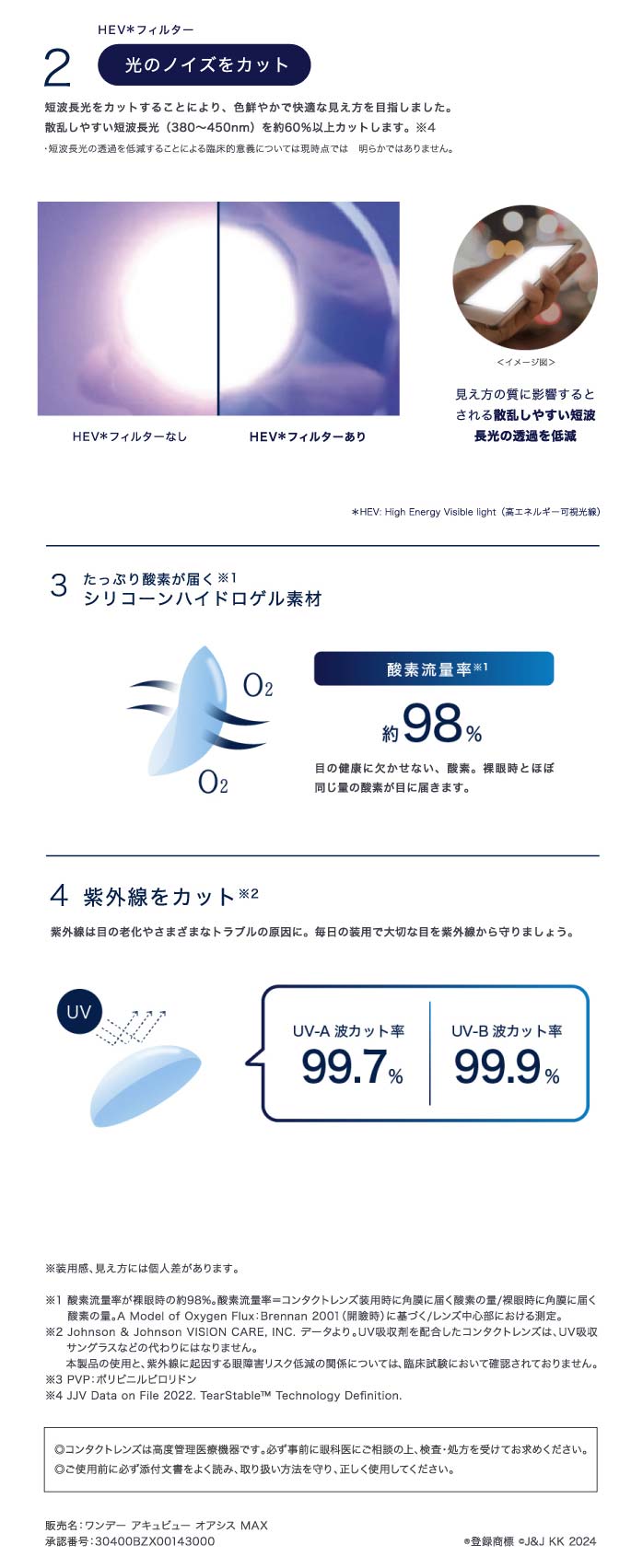 製品特長：光のノイズをカット、シリコーンハイドロゲル素材、紫外線をカット