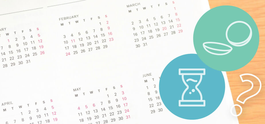 イメージ画像・カレンダーの上に浮かぶコンタクト・砂時計・疑問符