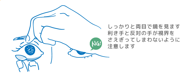 利き手と反対の手がコンタクトを入れようとしている目と反対の目の視界をさえぎっているイラスト NG:しっかりと両目で鏡を見ます 利き手と反対の手が視界をさえぎってしまわないように注意します