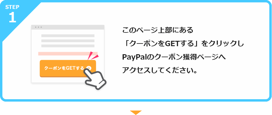 このページ上部にある「クーポンをGETする」をクリックしPayPalのクーポン獲得ページへアクセスしてください。